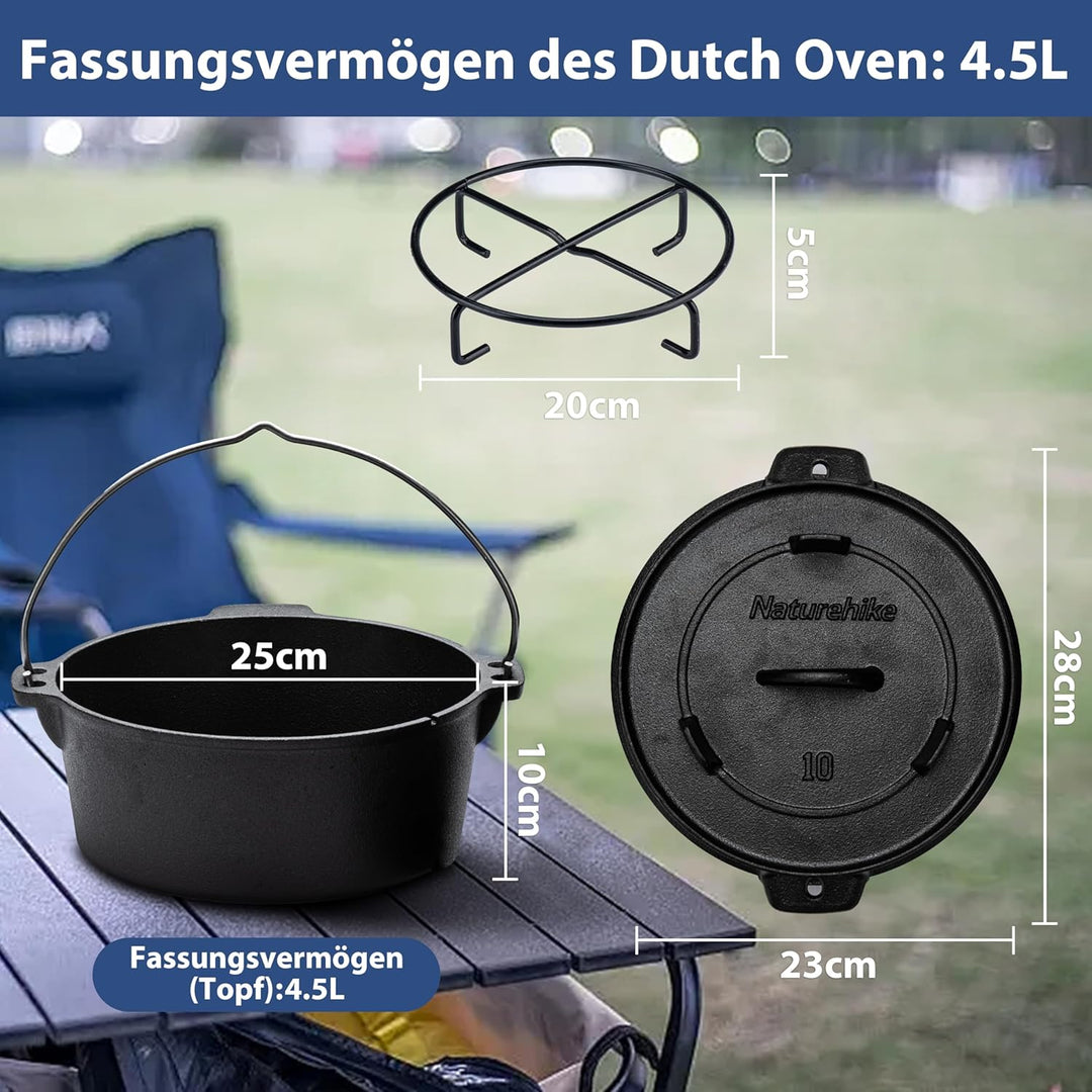 Naturehike Dutch Oven mit Deckel, 4.5 Qt, vorgebrannter Dutch Oven aus Gusseisen mit Aufbewahrungsta