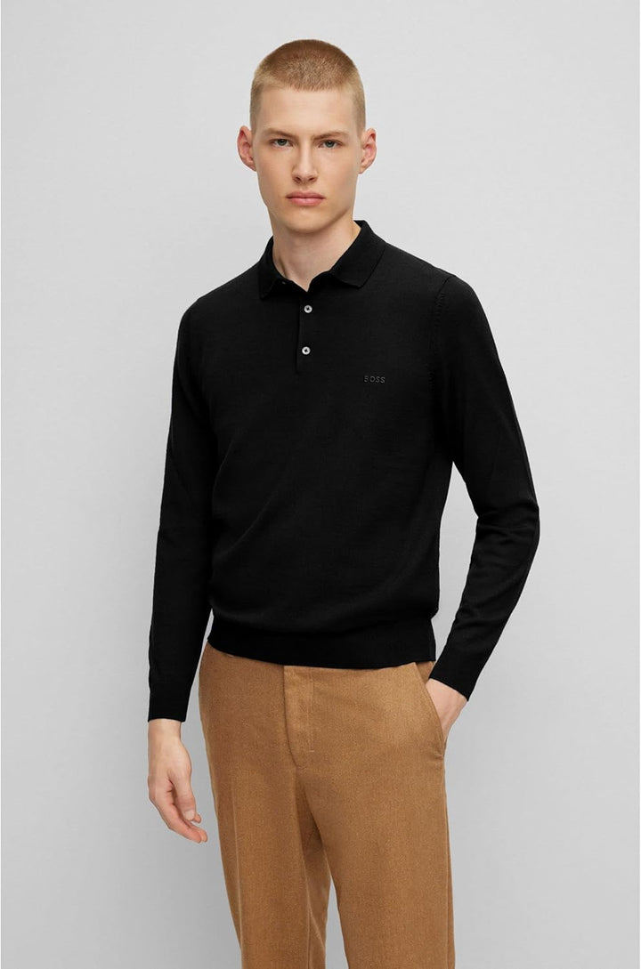 BOSS Herren Bono-L Pullover aus Schurwolle mit Polokragen und Logo-Stickerei XL Schwarz, XL Schwarz