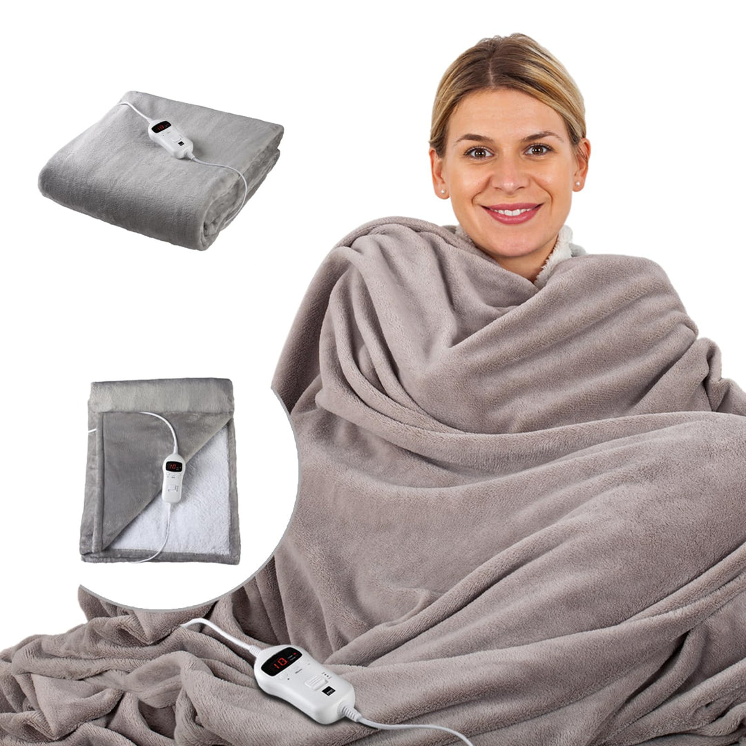SENSIOHOME Elektrische Luxus-Heizdecke Grau, Flanell-Fleece mit Teddy-Effekt-Innenseite, maschinenwa