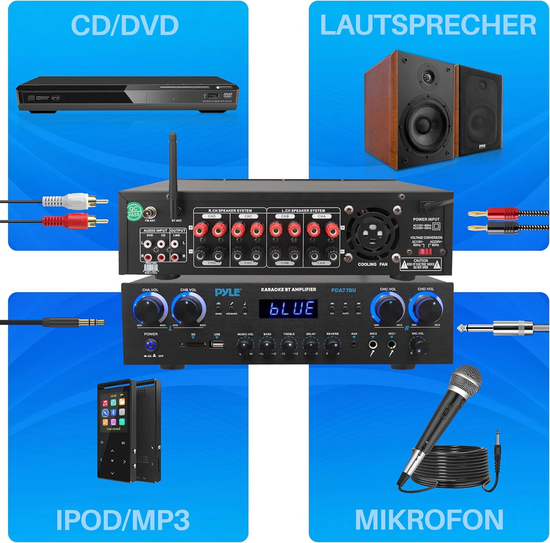 Pyle Amplifier, 800W Bluetooth Verstärker – 4-Kanal Mini Amp mit MP3, USB, AUX, SD, Mikrofon, FM, RC