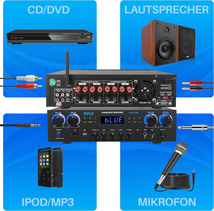 Pyle Amplifier, 800W Bluetooth Verstärker – 4-Kanal Mini Amp mit MP3, USB, AUX, SD, Mikrofon, FM, RC