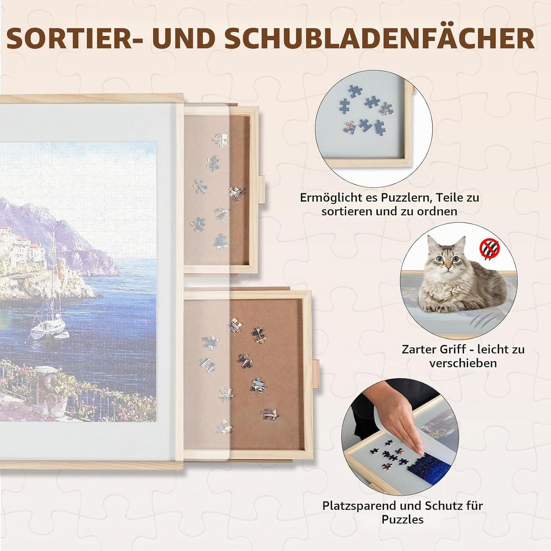 2-in-1 Kipp- und Drehpuzzle-Brett als Geschenk für Erwachsene – Holz-Puzzle-Tisch mit 4 Schubladen (