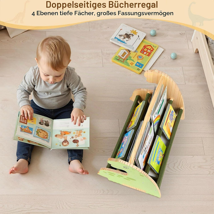 MHJY Bücherregal Kinder, doppelseitiges Holzregal mit robusten Canvas-Taschen, Montessori Stil, trag