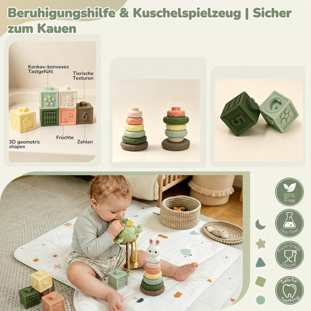 Montessori Spielzeug Baby ab 6 Monate, 5 in 1 Baby Spielzeug ab 7 8 9 Monate mit Bauklötze, Stapelri