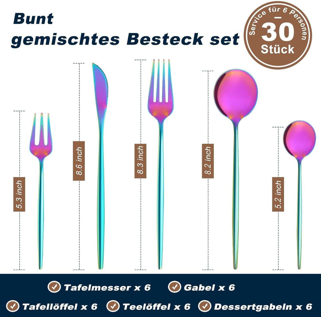 Bestdin Regenbogen Besteck Set 6 Personen, 30 teilig Edelstahl Besteck Bunte, Essbesteck Set mit Mes