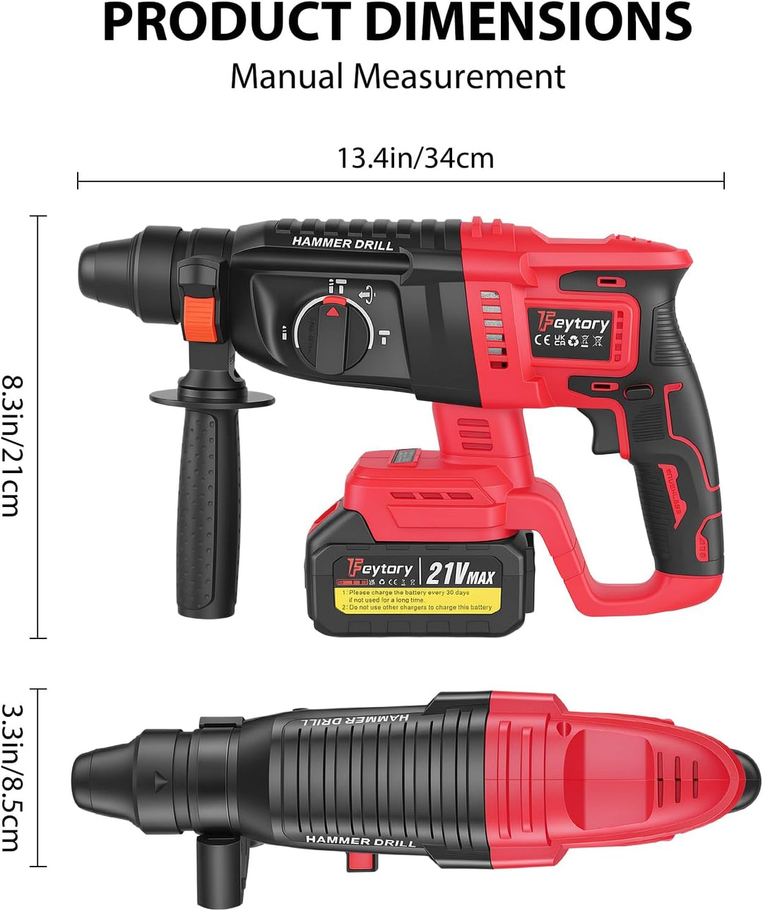 21V Akku Bohrhammer Set mit 2 Batteries & Ladegerät, 0-1000 U/min, 26mm Bohrkapazität, Kabelloser Mu