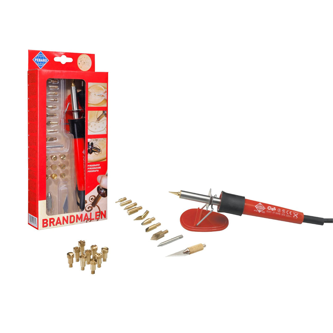 Brandmal-Set, 1 Brennkolben, 11 Brennspitzen, 9 Brennstempel, Brandmalerei