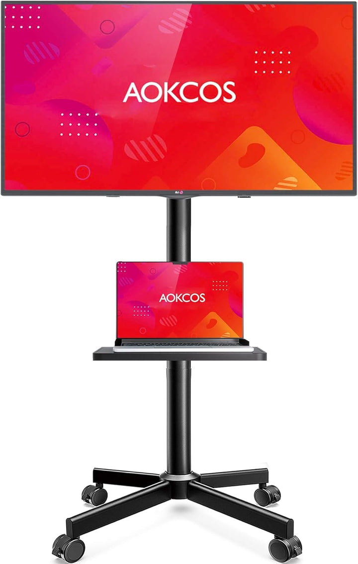 AOKCOS TV Ständer Rollbar für 32-65 Zoll Fernseher, TV Wagen mit Tablett, Fernsehständer Höhenverste