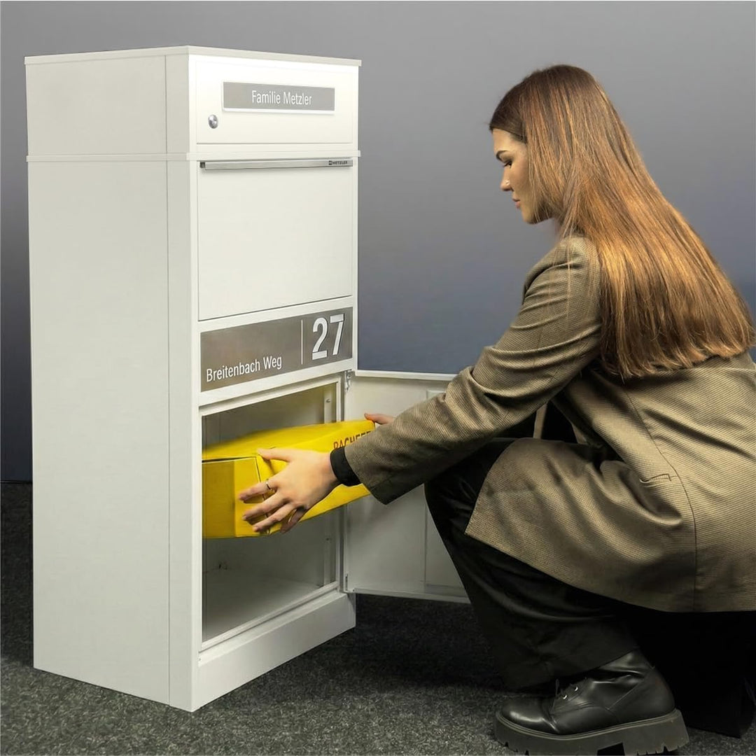 Metzler Paketbriefkasten mit LED-Beleuchtung und Namensgravur, solarbetrieben und abschliessbar, Wei