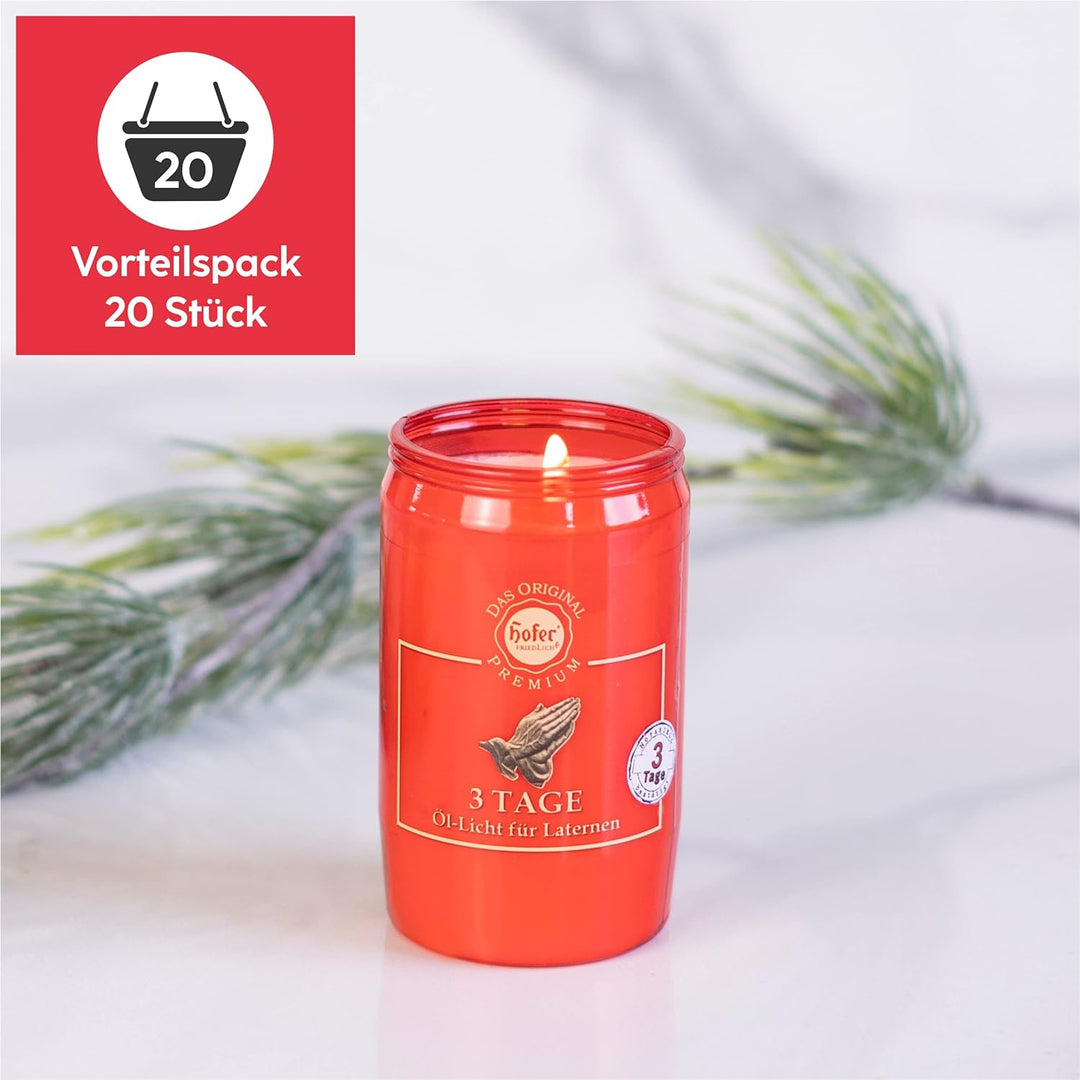 20er Set HOFER Premium Öl-Licht [rot] 3 Tage Brenndauer | Trauerlicht für Grablaterne | Grablicht, F