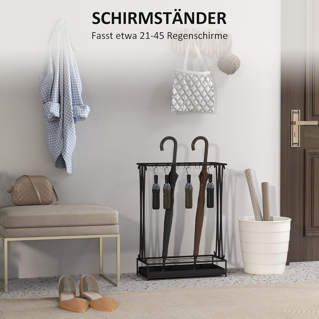 HOMCOM Regenschirmständer Stahl Schirmständer Rechteckiger Schirmhalter mit 24 Haken, 21 Löchern, he