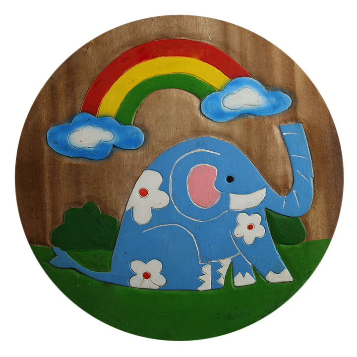 ART-CRAFT KH072 Kinderhocker Holz Schemel mit Motiv Elefant bemalt und beschnitzt extra grosse Sitzf