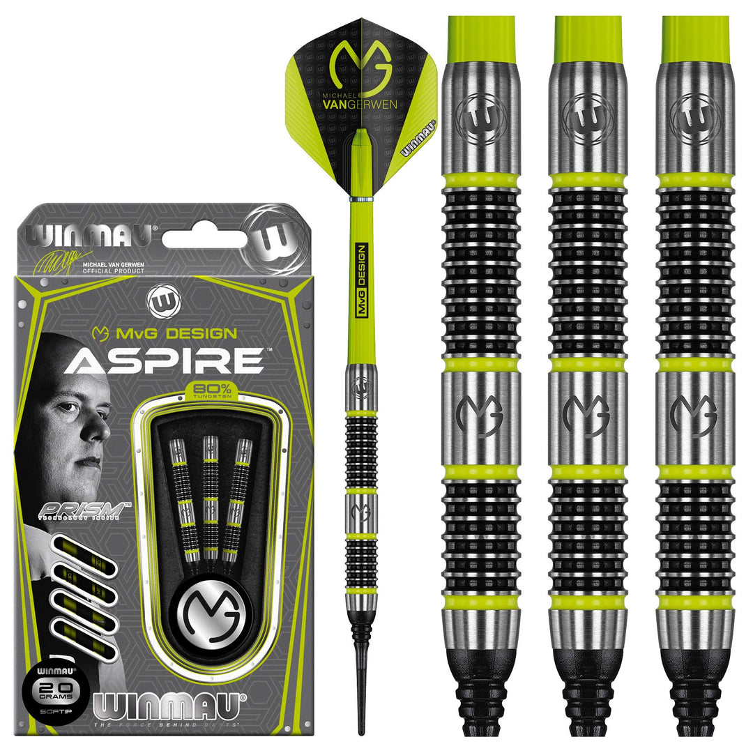 WINMAU Michael Van Gerwen MvG Aspire 20g Profi Wolfram Softip Dartpfeile Set mit Flights und Schäfte