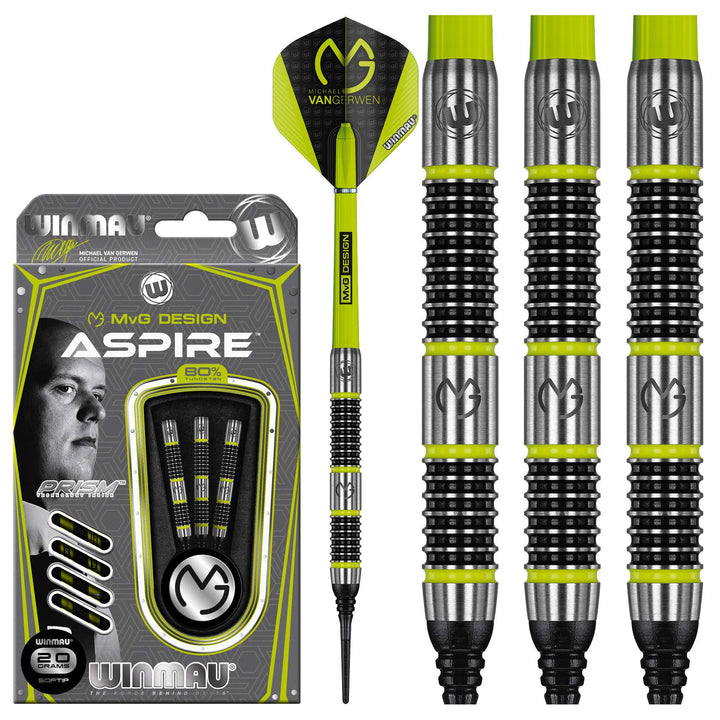 WINMAU Michael Van Gerwen MvG Aspire 20g Profi Wolfram Softip Dartpfeile Set mit Flights und Schäfte