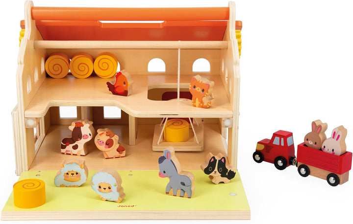 Janod - Mein erster Bauernhof aus Holz Kind - 16 Zubehörteile - Rollenspielzeug Kind - Fördert Handg
