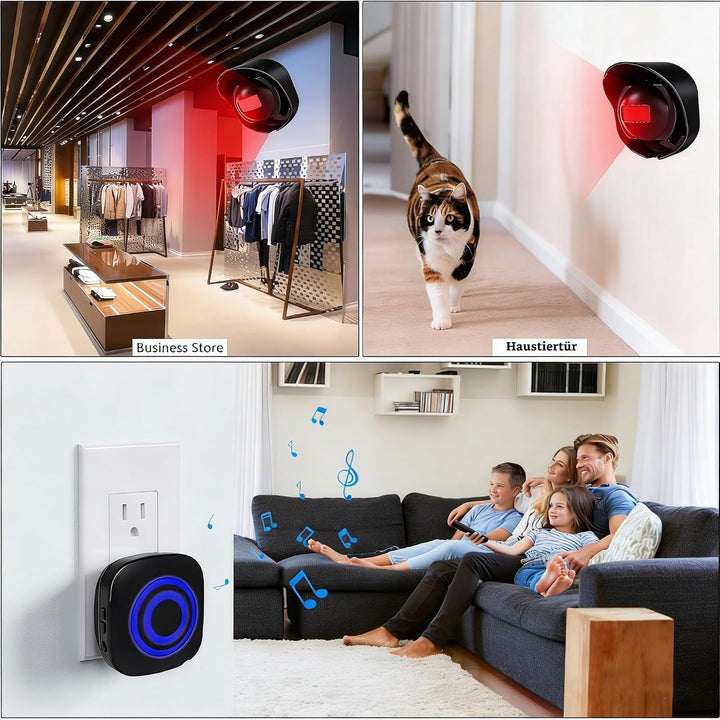 Bewegungsmelder Durchgangsmelder Alarm Katzenklingel Funkalarmanlage Set mit Plug in Empfänger und P