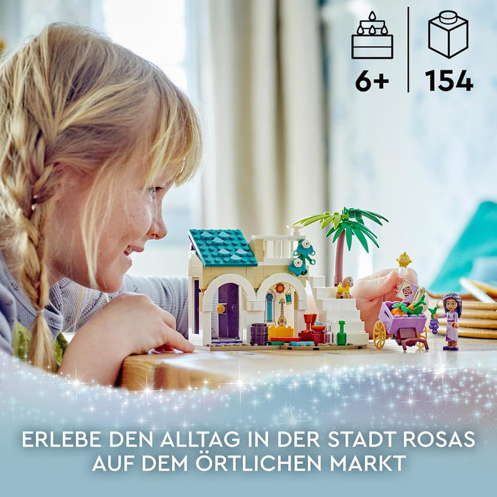 LEGO 43223 Disney Wish Asha in der Stadt Rosas, Wish-Film-Set mit Marktplatz, Asha-Minipuppe, Valent