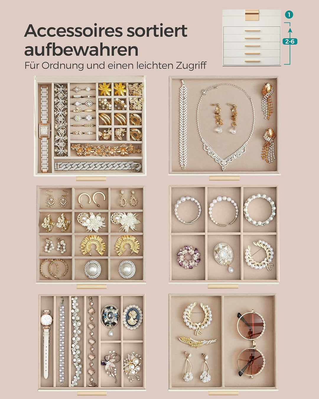 SONGMICS GISELLA Kollektion - Schmuckkästchen mit Glasdeckel, Schmuckkasten mit 6 Ebenen, Schmuckbox