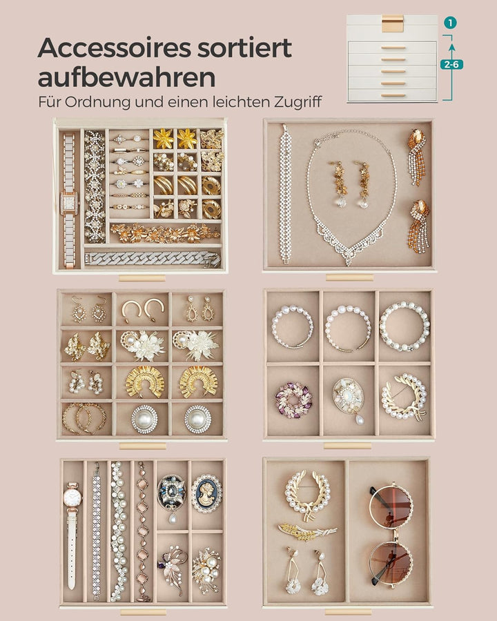 SONGMICS GISELLA Kollektion - Schmuckkästchen mit Glasdeckel, Schmuckkasten mit 6 Ebenen, Schmuckbox