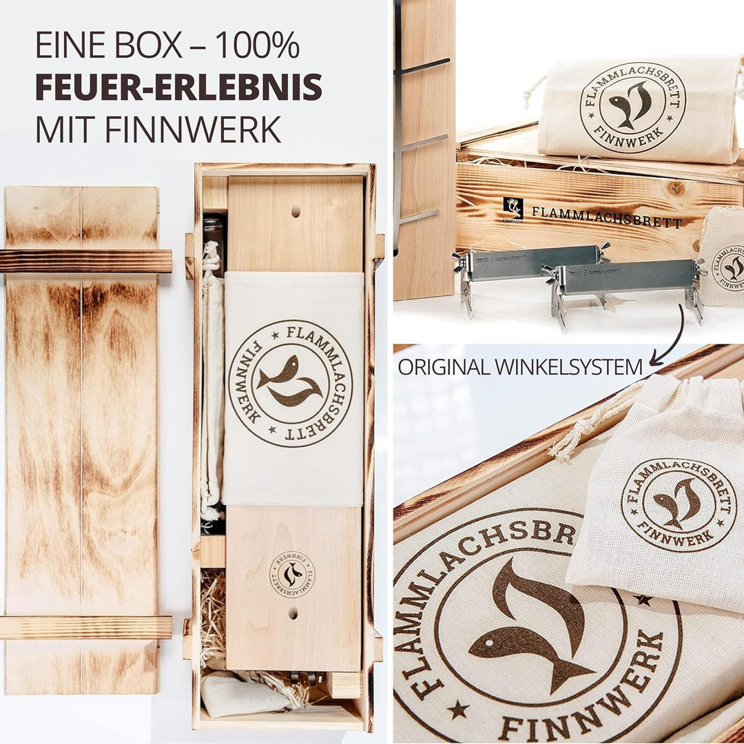 FINNWERK Flammlachsbrett Geschenkset - Lachsbretter mit Halterung aus Edelstahl und praktischem Wink