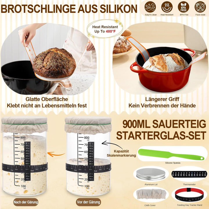Komplettes Gärkörbchen Sauerteig Starter Set, 2 Gärkorb (25cm Ovale & 23cm Runde), 900ML Sauerteig G