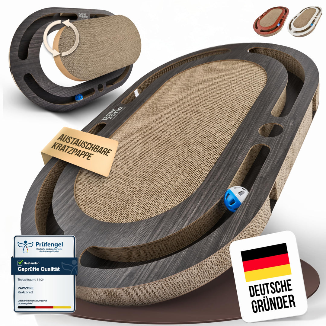PAWZONE Kratzbrett [72x45 cm] beidseitig nutzbar + Pappe austauschbar [inkl. Katzenspielzeug] hochwe