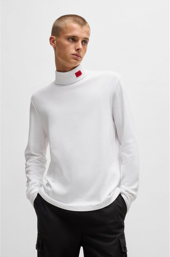HUGO Herren Derollo224 Slim-Fit Longsleeve mit rotem Logo-Label L White100, L White100