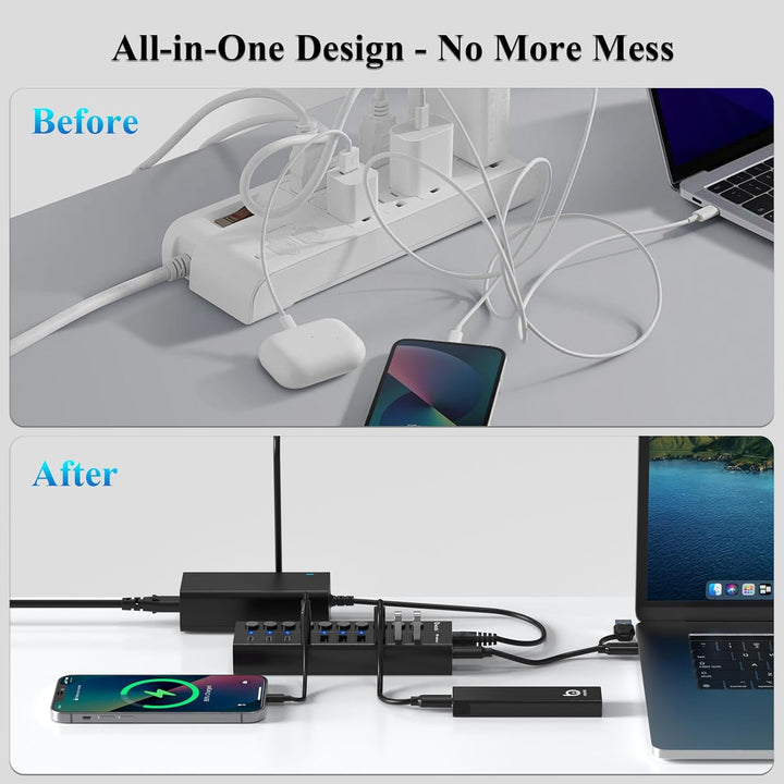 10 Port USB Hub mit Netzteil 60W - 10Gbps USB 3.2 Gen 2 Hub Aktiv aus Aluminium mit 6 USB-A & 4 USB-