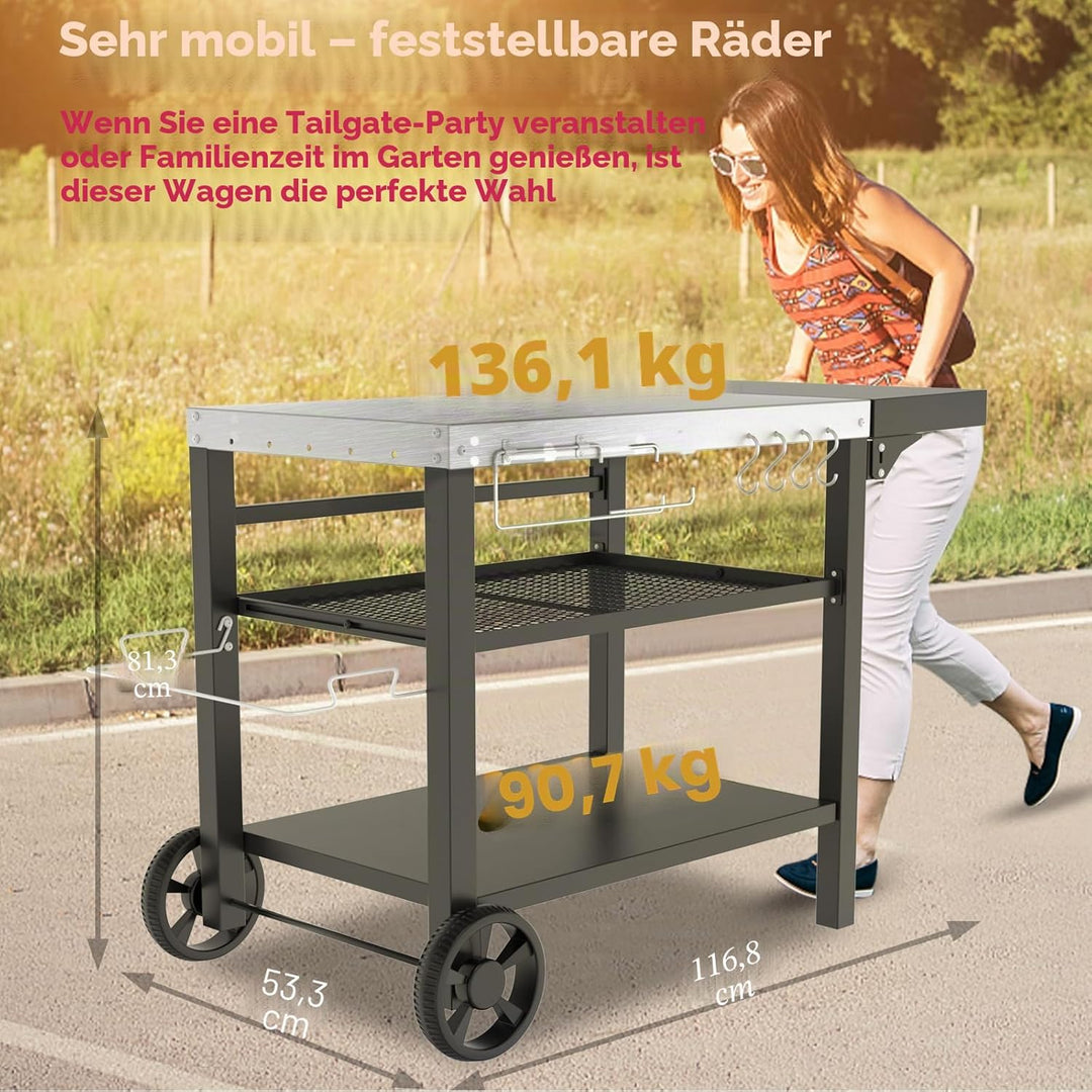 Beweglicher Outdoor-Grilltisch mit DREI Regalen, für Ninja-Holzfeuer, Ooni-Pizzaofen, Blackstone-Gri