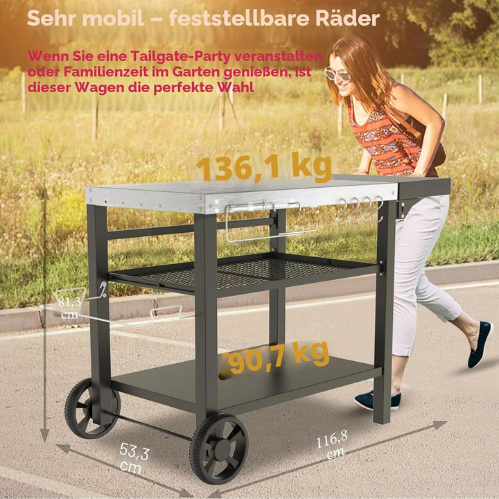 Beweglicher Outdoor-Grilltisch mit DREI Regalen, für Ninja-Holzfeuer, Ooni-Pizzaofen, Blackstone-Gri