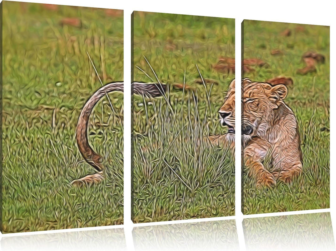 Löwin entspannt im Gras NewArt 3-Teiler Leinwandbild 120x80 Bild auf Leinwand, XXL riesige Bilder fe