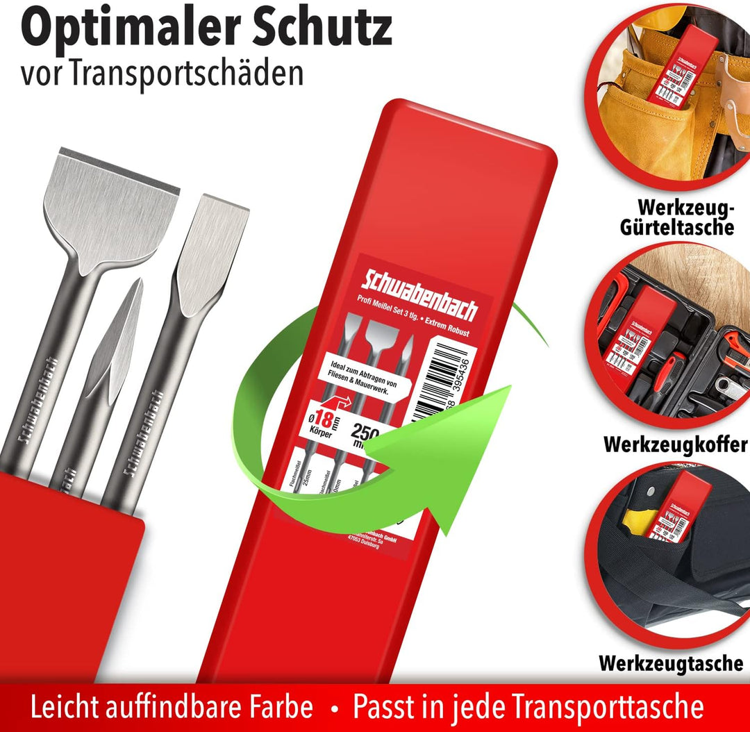SCHWABENBACH ® SDS PLUS Meissel Set - 3tlg. 25mm + 50mm + Spitzmeissel - EXTREM ROBUST- Meissel komp
