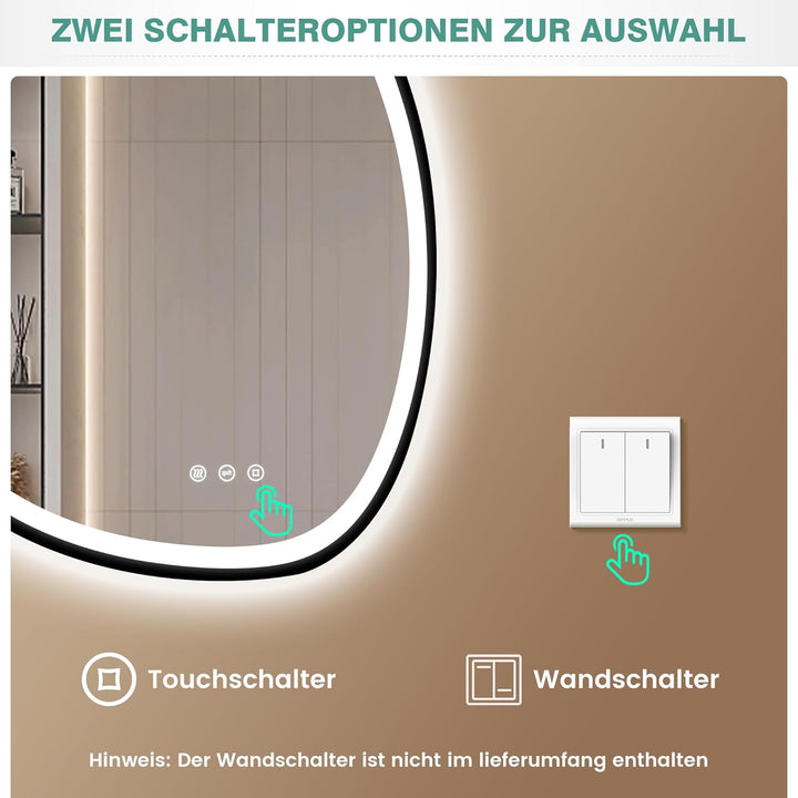 PESENXAN Asymmetrischer Spiegel mit Beleuchtung, LED Badspiegel 83x60 cm mit Touch-Schalter – Antibe