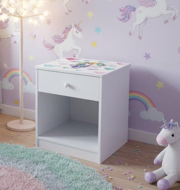 Leomark Nachttisch aus Holz - Einhorn - Nachtschränkchen mit Schublade, Nachtschrank für Kinder, Wei