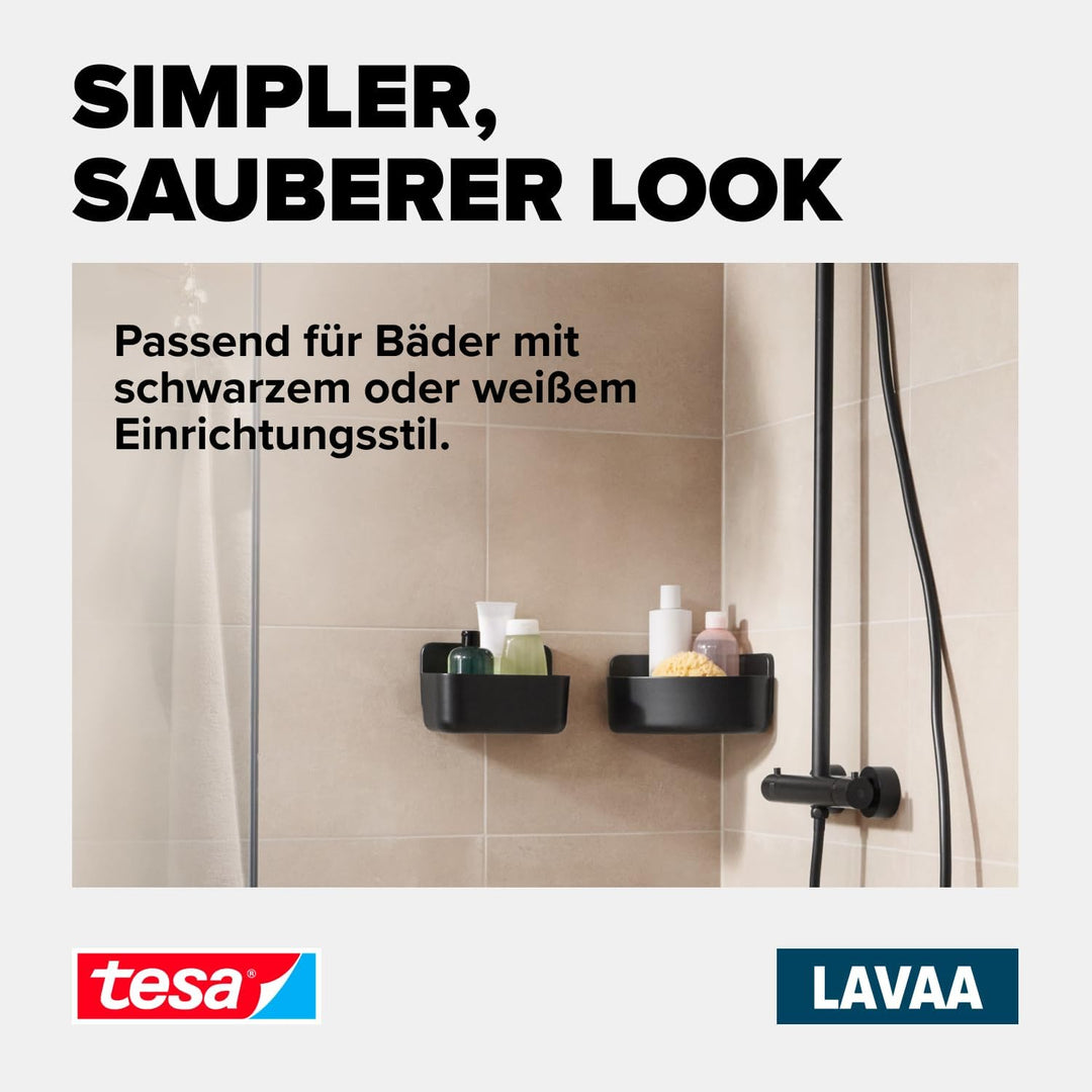 tesa Lavaa Duschkorb S, schwarz matt - Duschablage zur Wandmontage ohne Bohren, inkl. tesa Powerstri