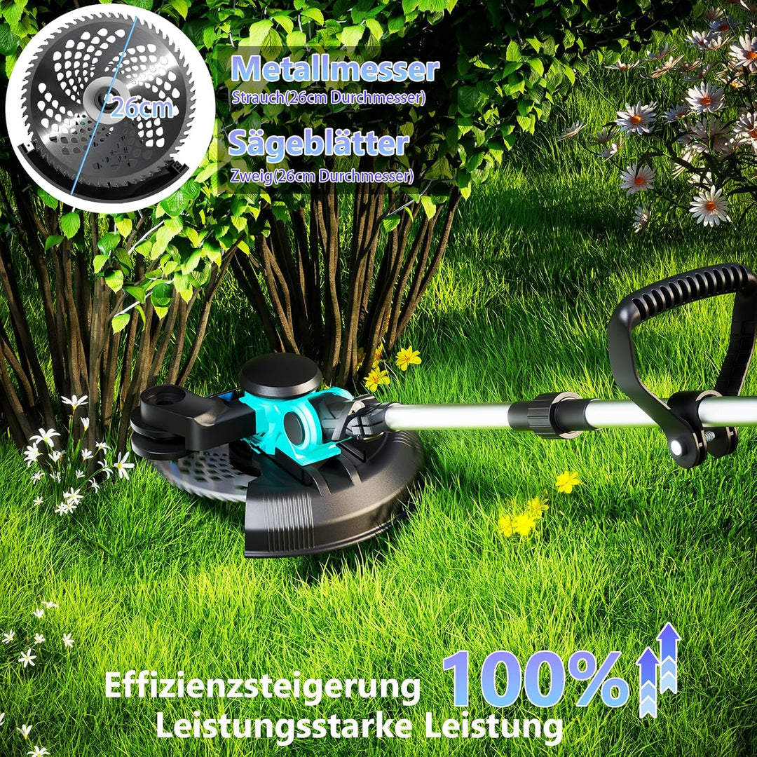 Rasentrimmer mit Akku 21V 1000W Bürstenloser Motor 3-in-1-Rasentrimmer, mit Akku 2 x 4000mAh mit 90°