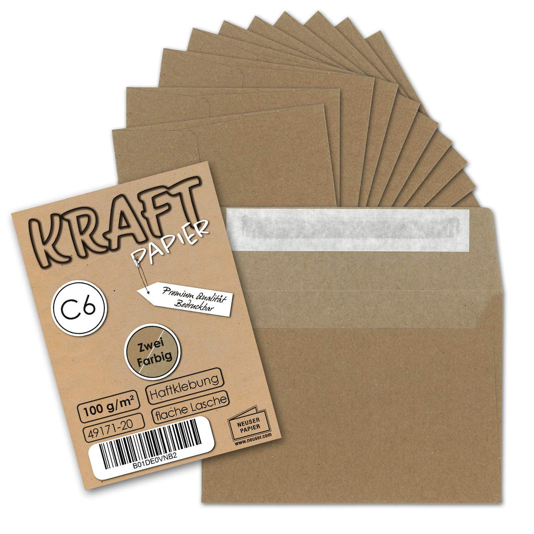 100x Briefumschläge DIN C6 Kraftpapier - Braun aussen - Grau innen - Vintage Recycling Kuverts mit H