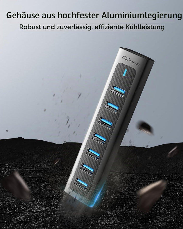 GiGimundo GM7U 7 Port USB HUB 3.0 Aluminium, 1.8M Lang Kabel mit 5V/3A Type-C Stromeingangsanschluss