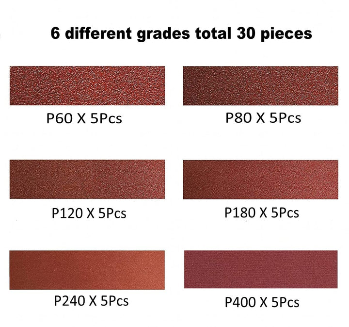 30 Stück Schleifbänder 75x533 mm, je 5 Stück x Körnung 60/80/120/180/240/400, Profi Schleifpapier Sc
