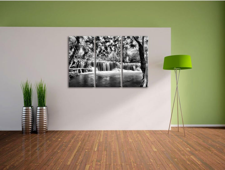 Pixxprint Monocrome, Kleiner Wasserfall im Dschungel 3-Teiler Leinwandbild 120x80 Bild auf Leinwand