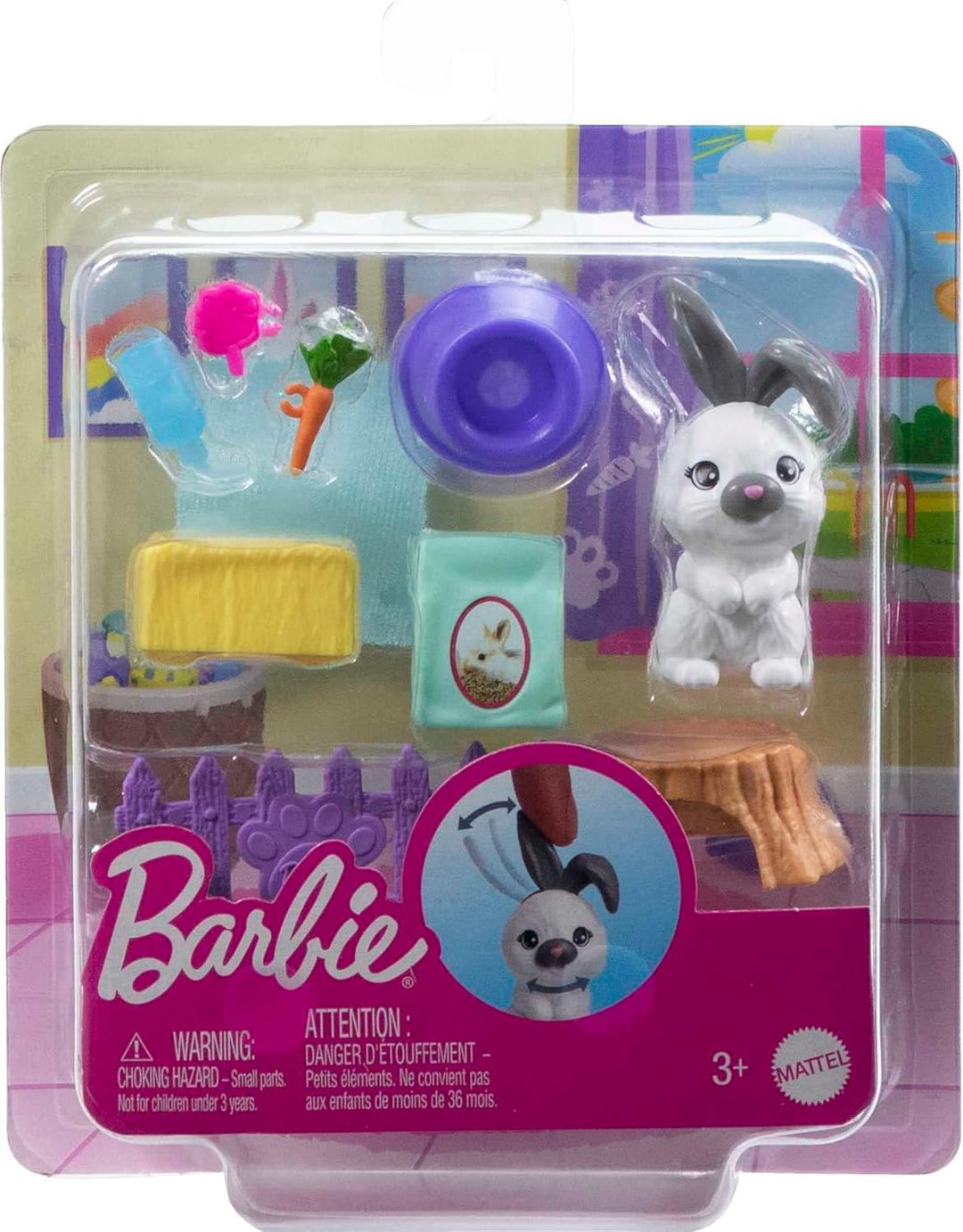 Barbie Haustiere und Zubehör, interaktives Hasen-Spielset mit beweglicher Nase und Ohren, 9 Teile mi