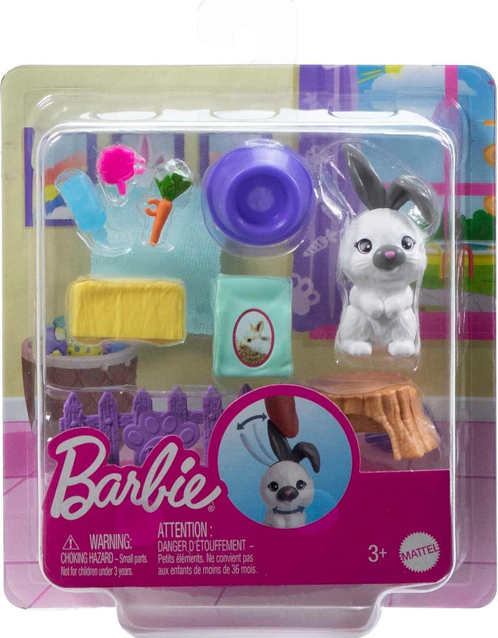 Barbie Haustiere und Zubehör, interaktives Hasen-Spielset mit beweglicher Nase und Ohren, 9 Teile mi