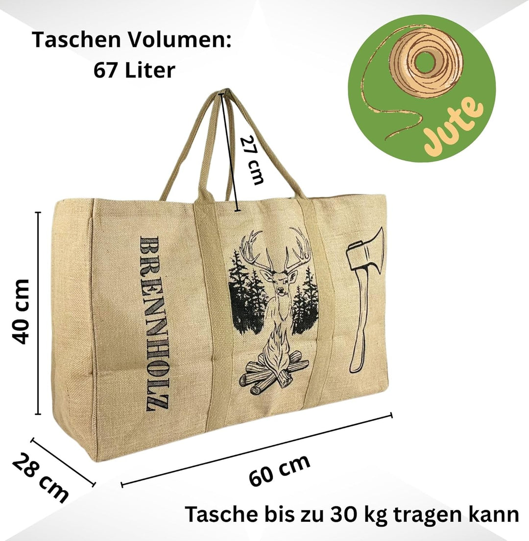 Domelo XXL Holzkorb Holzscheittasche Brennholz Tragetasche 67L mit Wachsbeschichtung belastbar bis 3