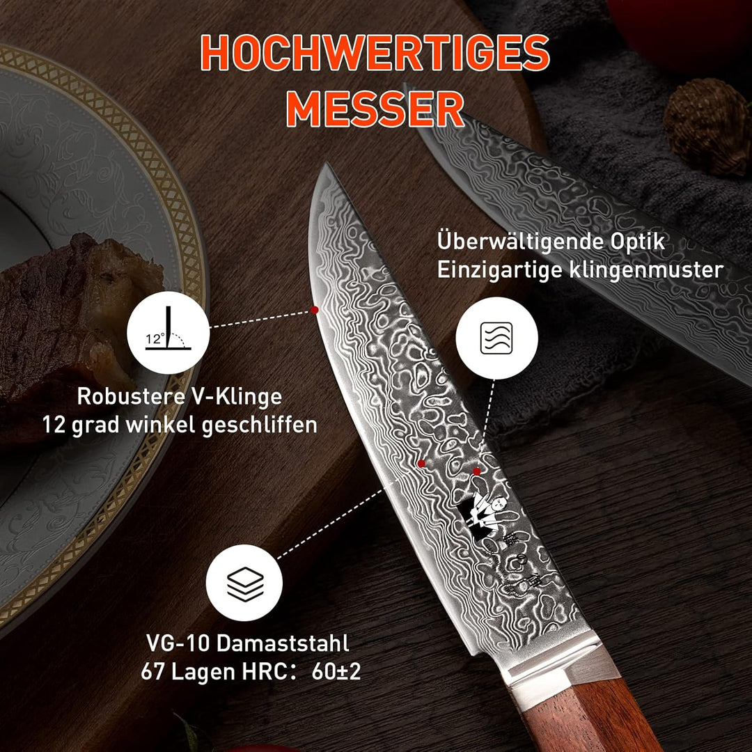 FUJUNI Steakmesser Set 4teilig, 4er Damast Steakmesser-Set Mit Extrem Scharf 12.5cm Klinge Aus 67 La