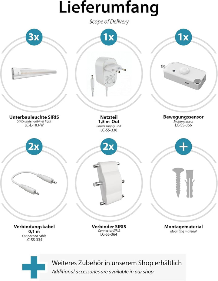 ledscom.de LED Unterbau-Leuchte SIRIS weiss matt mit Bewegungsmelder, flach, je 50cm, je 655lm, weis