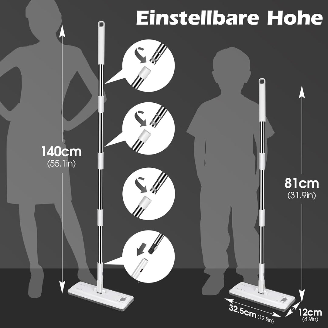 MASTERTOP Wischmopp Set mit Eimer, Flachmopp Bodenwischer mit 5 Mopp Pads und Langem Griff, 2 in 1 P