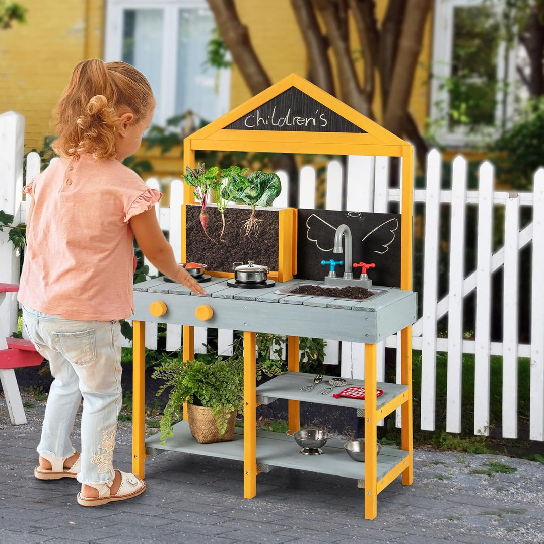 COSTWAY Matschküche Kinder Outdoor, Kinderküche Tannenholz mit Pflanzbehälter & 2 Kreidetafeln & Was