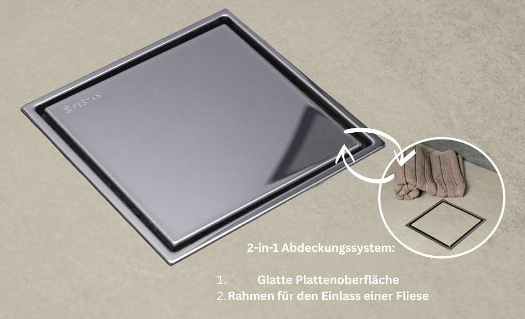 MD Technic – Confluo Bodenablauf 15x15 cm – wählbare Abdeckungen u. Ablaufgarnitur (Vertikal/Senkrec