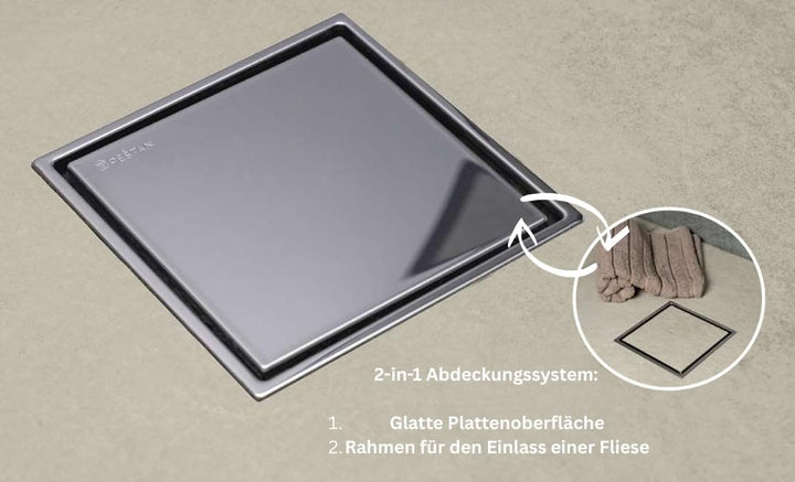 MD Technic – Confluo Bodenablauf 15x15 cm – wählbare Abdeckungen u. Ablaufgarnitur (Vertikal/Senkrec