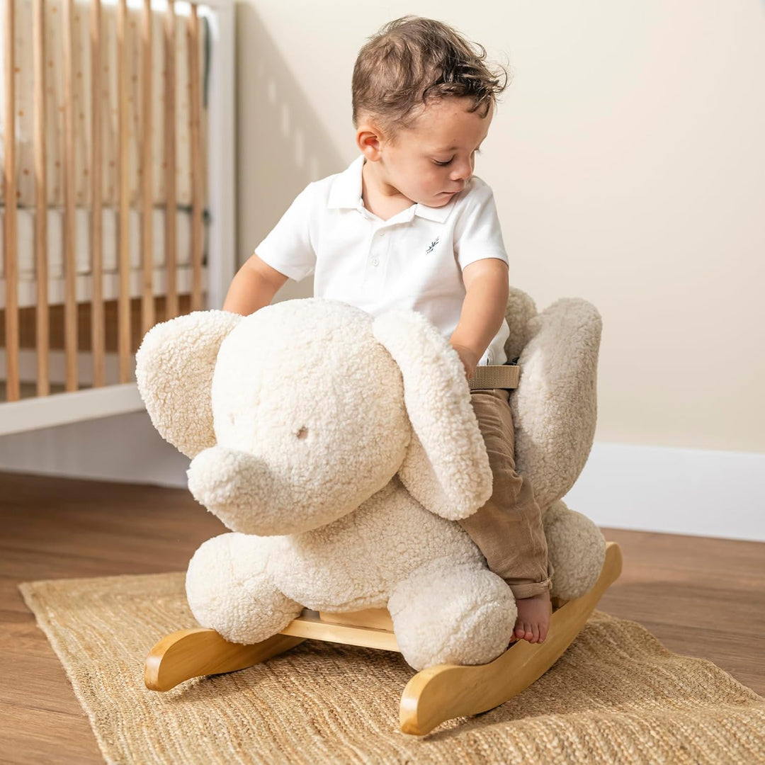 Nattou Schaukeltier aus weichem Teddy-Stoff, Schaukeltier Elefant, Inkl. Sicherheitsgurt, Fröhliches